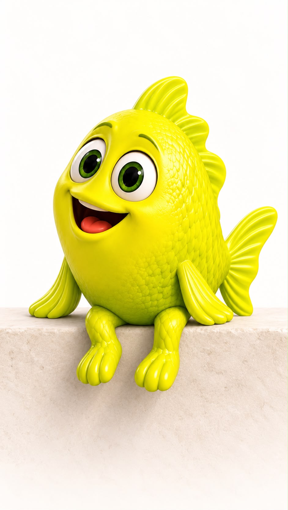 Yibble, a lime-green fish with legs, sitting on a ledge